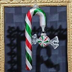 Festive Handblown Candy Cane with Attached Wrapped Candy, 2 In 1 Ornament